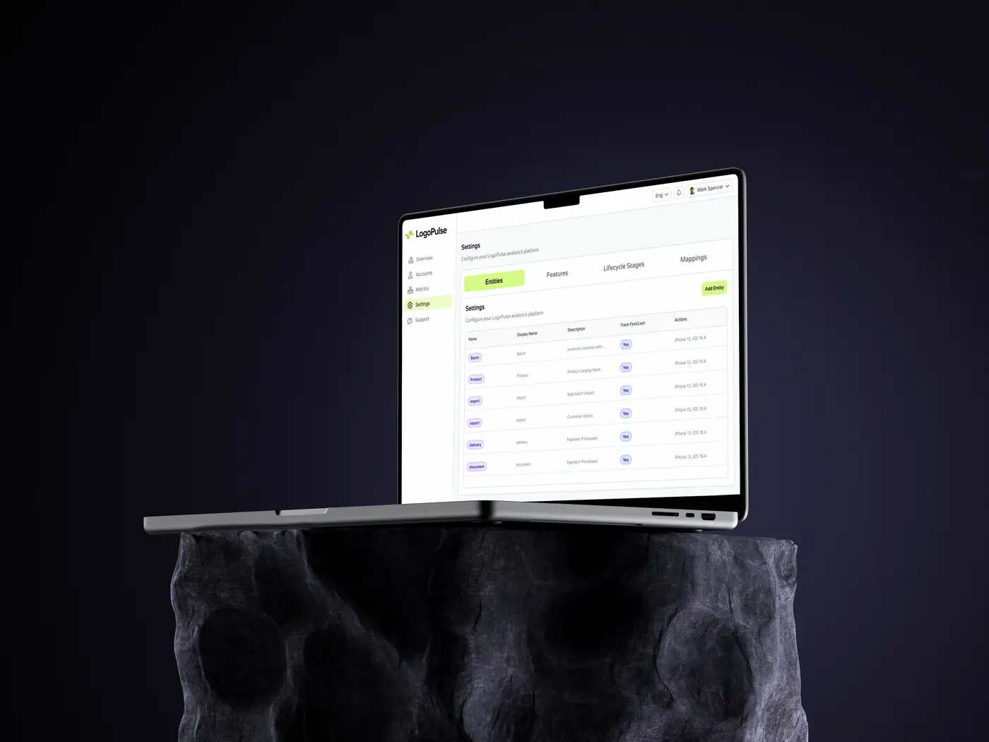 LogoPulse dashboard on a laptop showing the accounts table with health scores, onboarding stages and activity for each customer